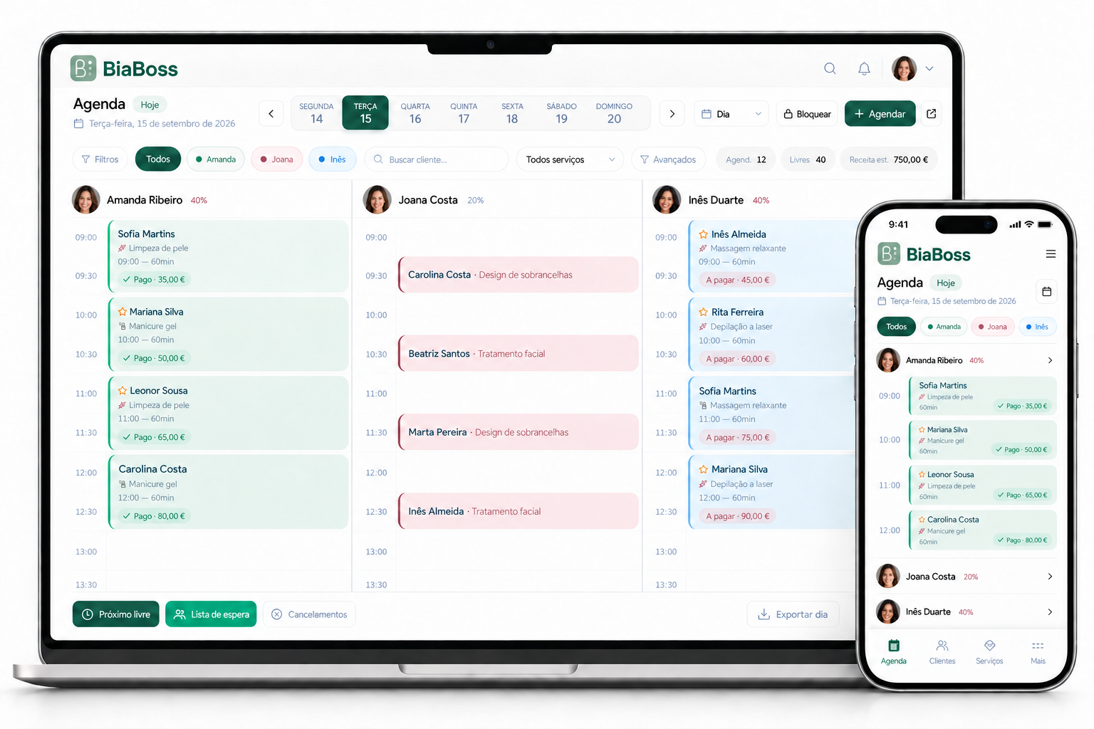 Agenda BiaBoss com visão por profissional e versão mobile