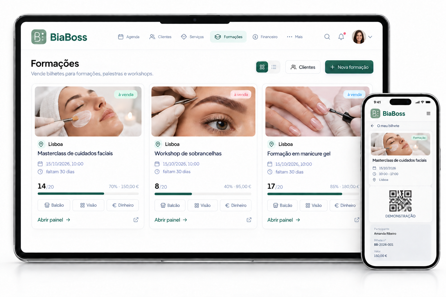 Gestão de formações de estética com ingressos