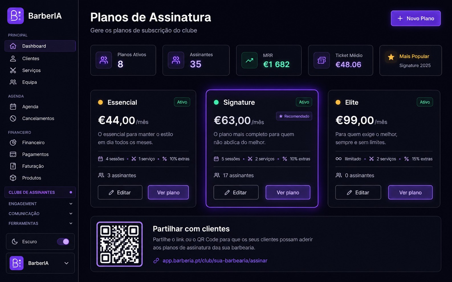 Página de planos do Clube no BarberIA: planos Essencial, Signature e Elite, com receita mensal recorrente, total de assinantes e ticket médio.